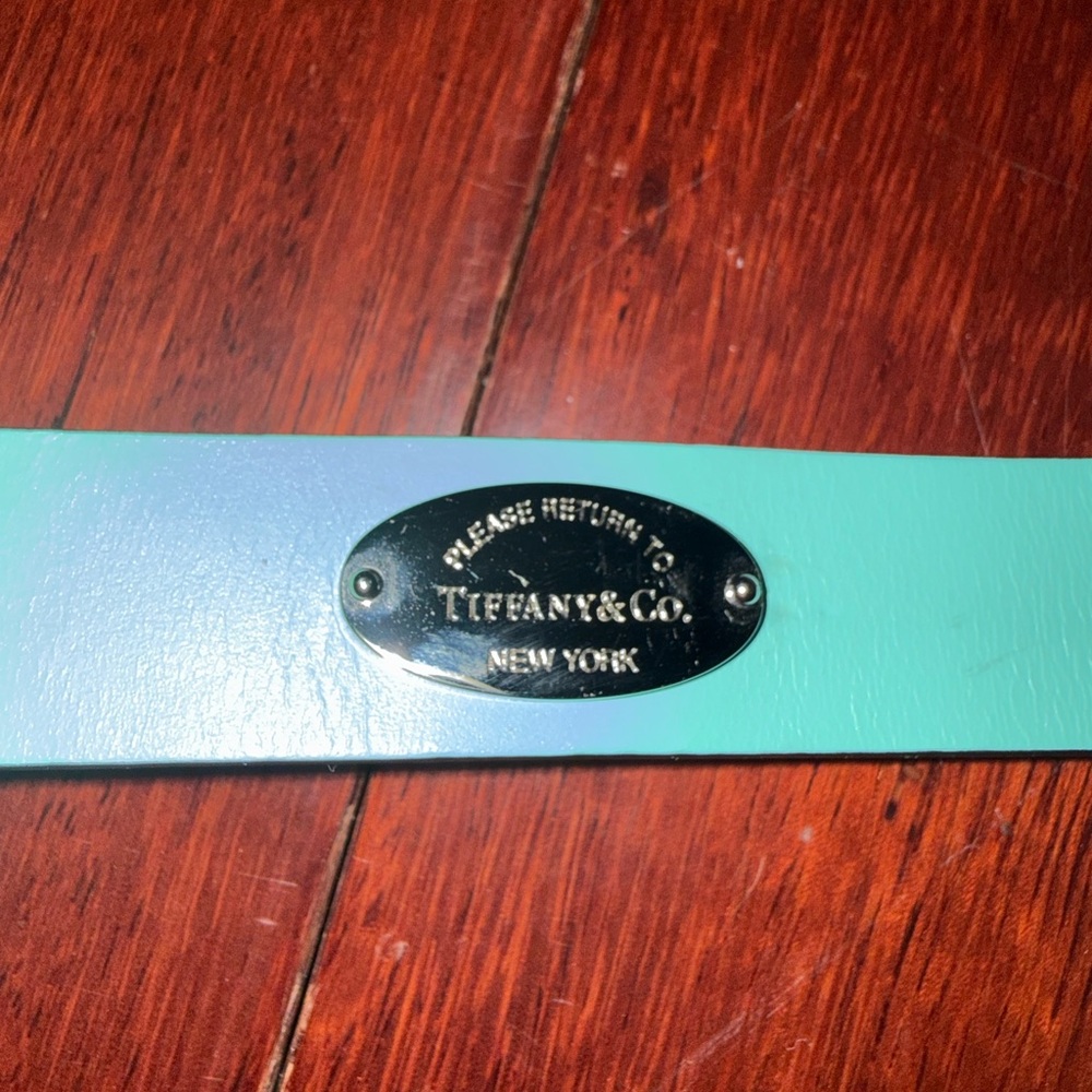 Tiffany & Co. Teal Leather Dog Collar with Silver Plaque and bow tie